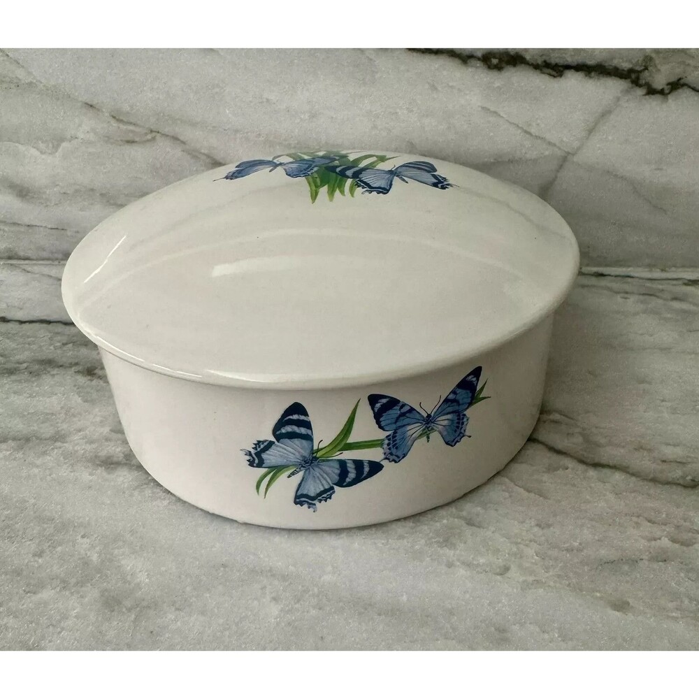 Vintage FTD Porcelain Blue Butterfly Large Round Trinket Jewelry Box 5β x 2β BUY